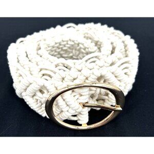 Macrame Belt Cotton Cord Woven Crochet Off White Gold 52" Adjustable Boho Earthy